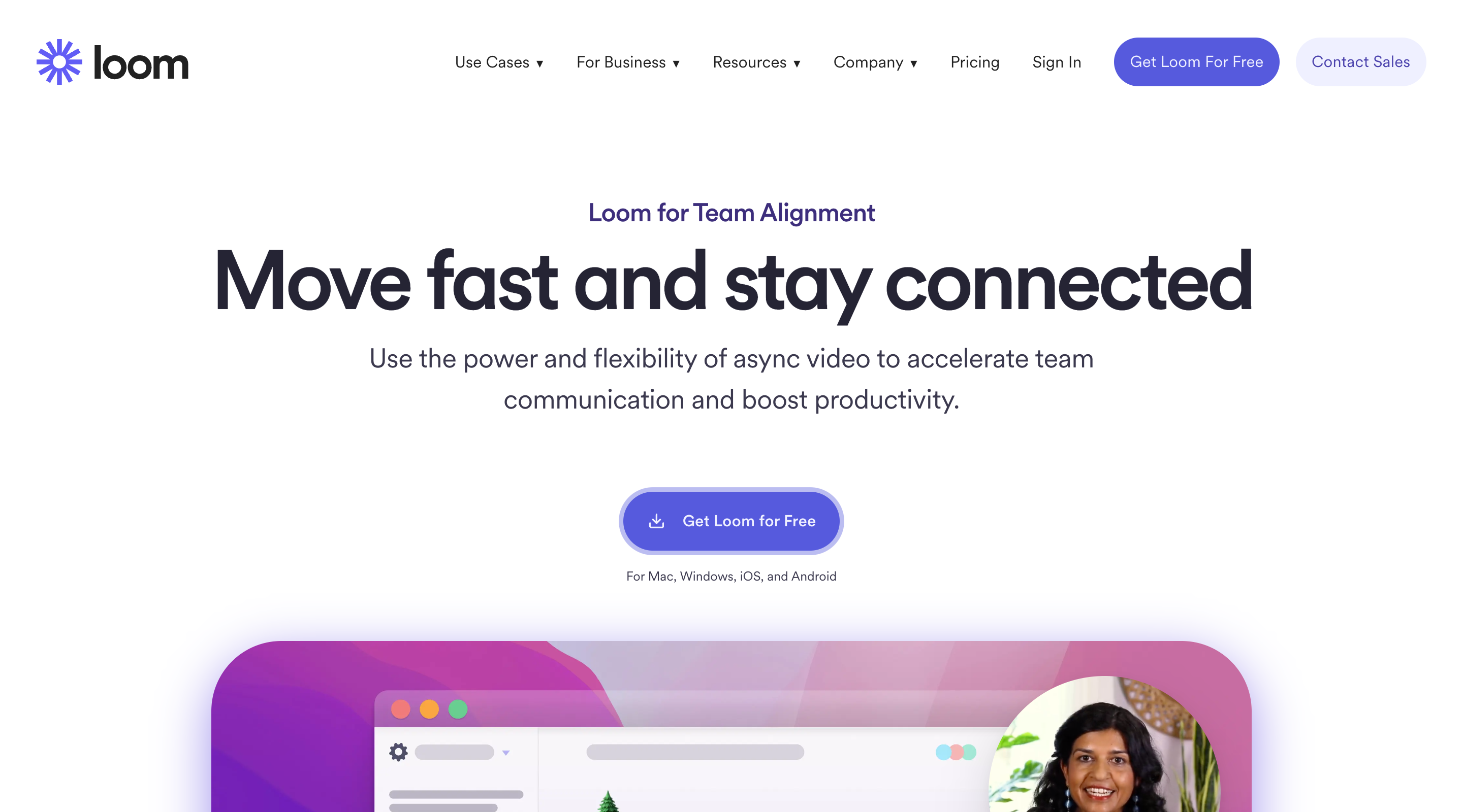 Screenshot of the 'Team Alignment' page on the Loom website. The header contains the Loom logo, main site navigation, and primary calls-to-action. In the hero section a large heading and introduction paragraph are followed by a 'Get Loom for Free' button.