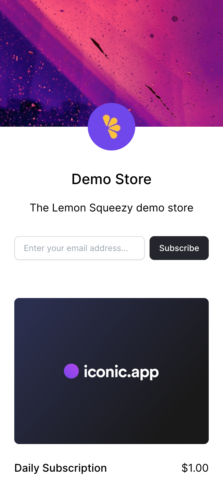 Screenshot of a Lemon Squeezy demo store on a 375-pixel wide mobile device — the only difference between the mobile and desktop versions is that products are shown in a single column on the narrow screen.