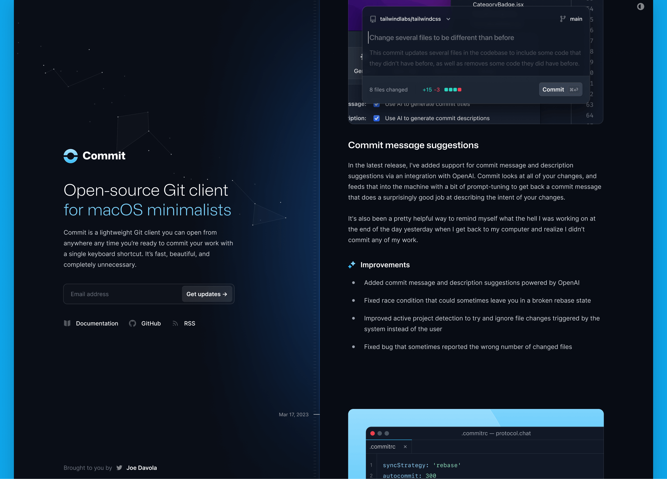 The Commit template in dark mode, partially scrolled down to reveal a second post
