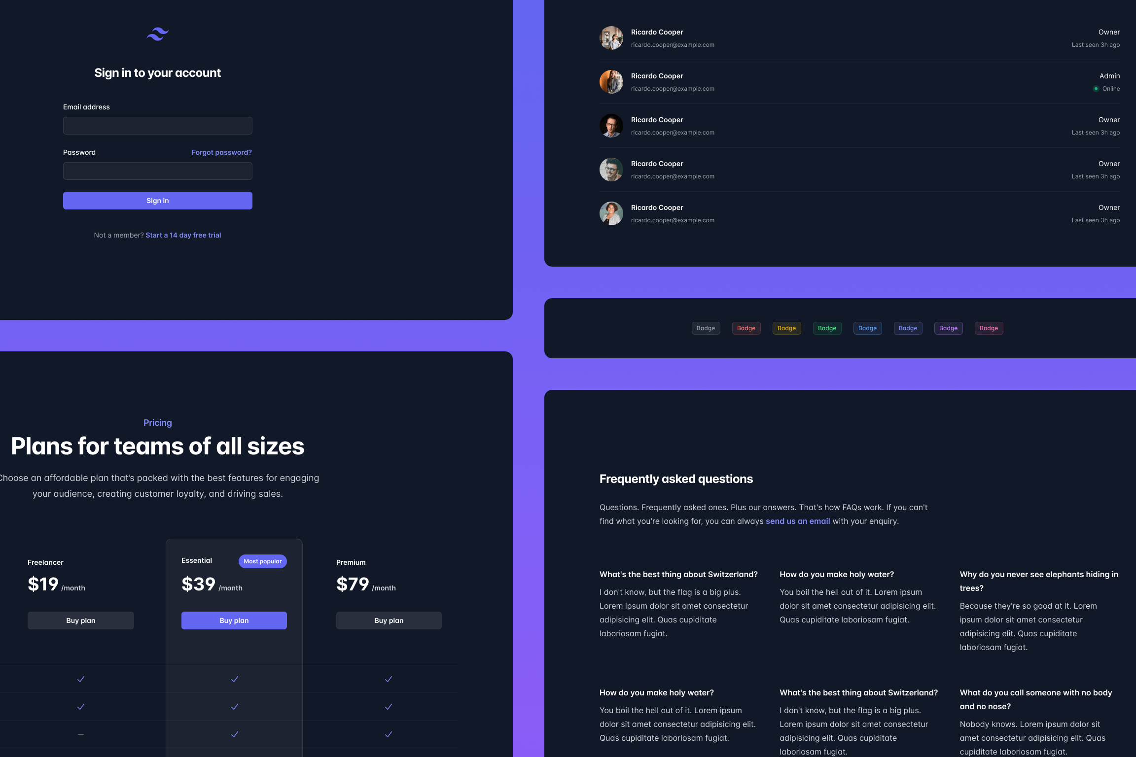 A collage of new dark component examples in Tailwind UI