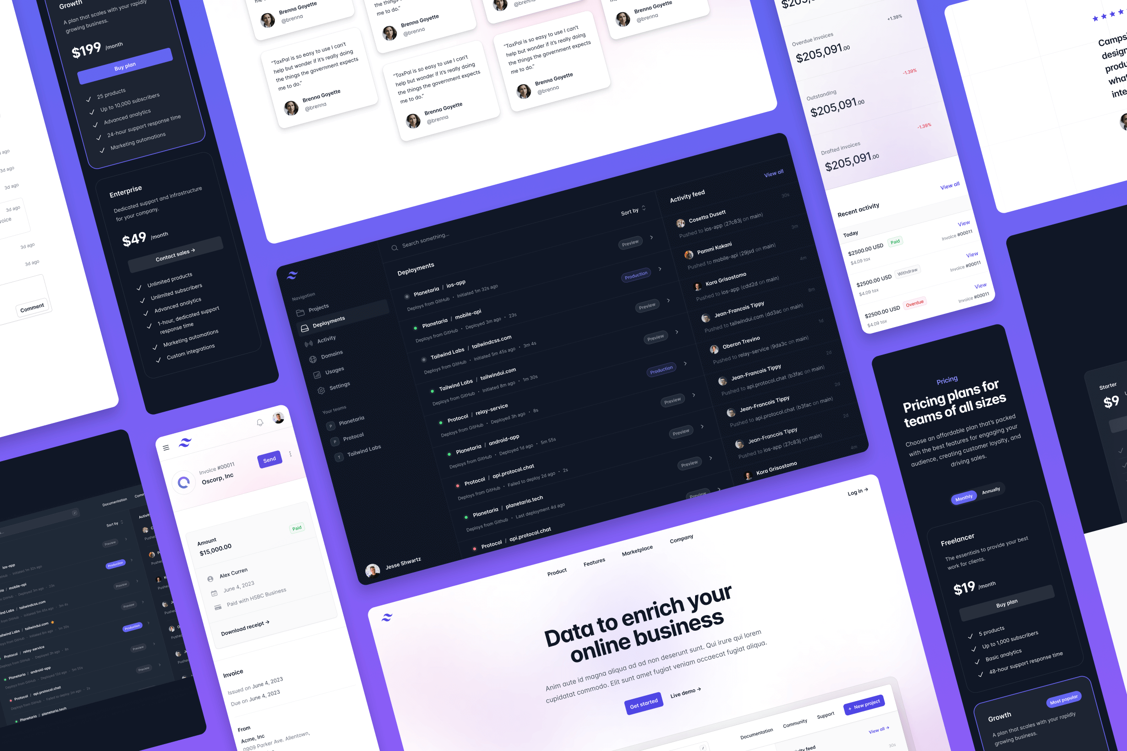 A collage of redesigned page examples and components for Tailwind UI