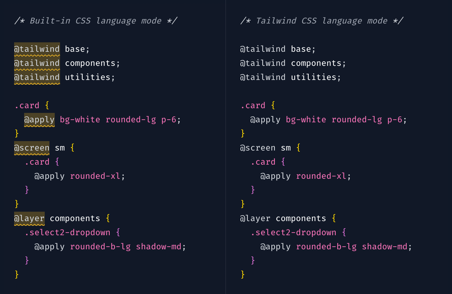 Sample CSS code shown with lint warnings when using built-in CSS language mode, and no lint warnings when using the Tailwind CSS language mode.