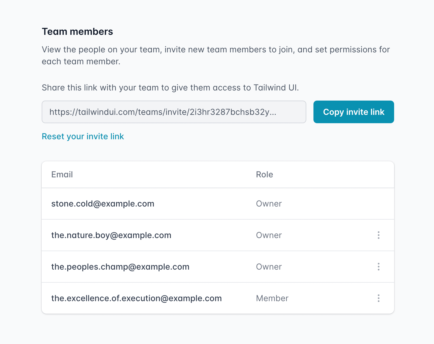 Interface with a copyable invite URL and list of team members